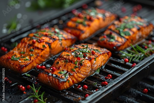 Grilled Herb-Crusted Salmon Fillets on a Barbecue Grill for Gourmet Dining photo