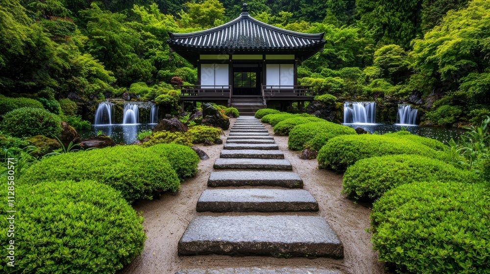 Obraz premium Serene Japanese Garden Pathway with Stone Steps Leading to Traditional Pavilion Surrounded by Lush Greenery and Tranquil Waterfalls