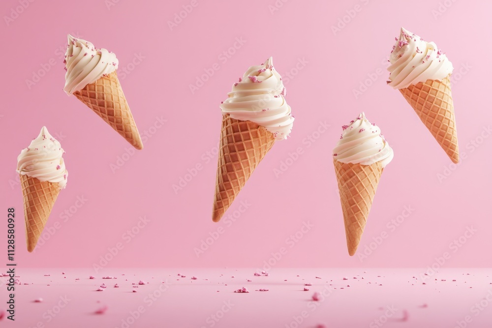 Five Ice Cream Cones Float Against Pink Background Five Ice Cream Cones Float Against Pink Background