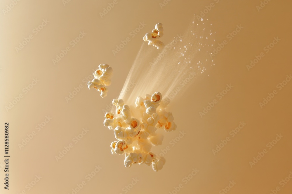 Obraz premium Popcorn Kernels Exploding In Air Against Beige Background