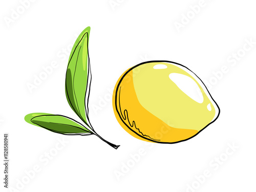Yellow lemon with leaves is a vector colored modern illustration with a contour drawn by hand, in isolation. The acidic vitamin citrus ingredient is fruit. Icon for decoration, design, decor, labels