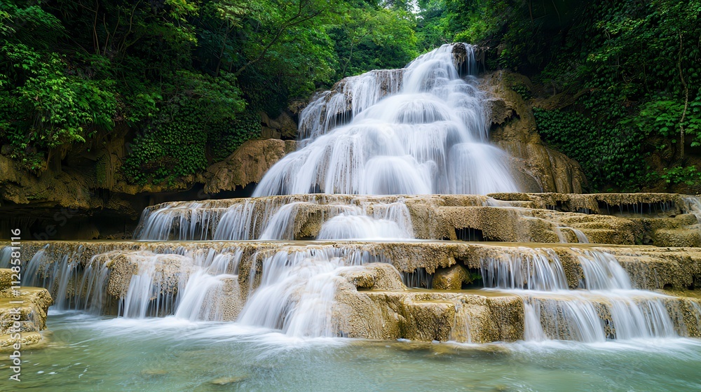 Obraz premium Serene Cascade of Water Flowing Gently over Natural Rock Formations Surrounded by Lush Greenery in a Peaceful Forest Environment