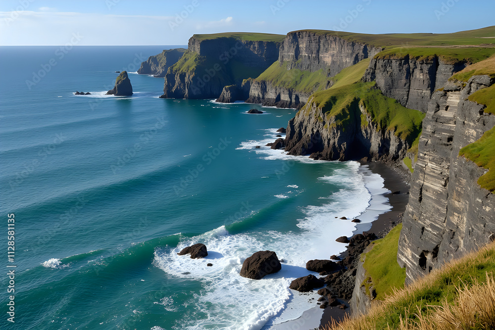 Towering Coastal Cliffs with Teal Waters and Sandy Beach Towering Coastal Cliffs with Teal Waters and Sandy Beach