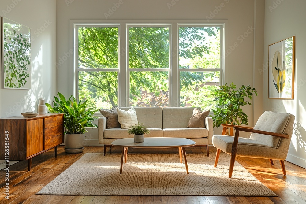 Minimalist, mid century modern interiors in the living room of a house with windows visible and sofa and cafe table. Generative AI
