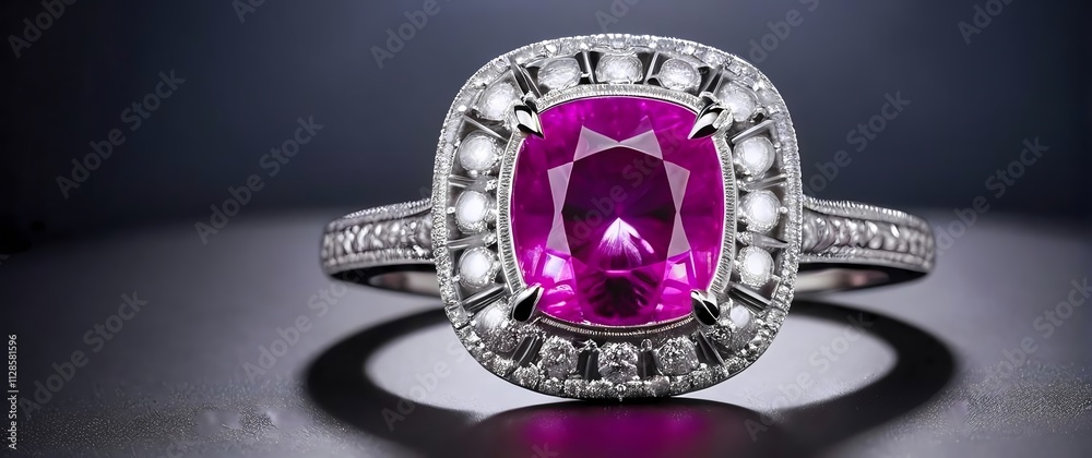Tight perspective of a platinum ring with a cushion cut pink sapphire centerpiece surrounded by tiny pave diamonds its intricate design glowing under soft studio lighting. 
