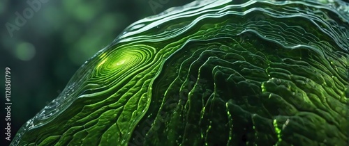 Tight shot of a polished moldavite tektite its forest green glassy surface filled with intricate rippling patterns glowing as light passes through its translucent edges. . photo