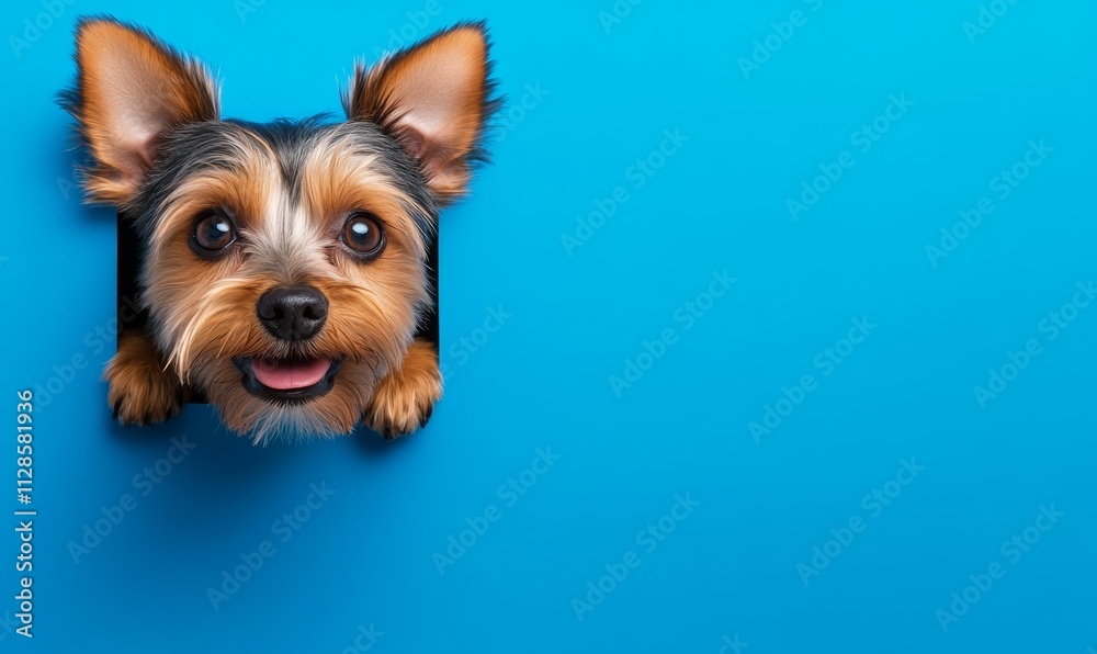 Dog is looking out of a hole in a wall. The dog is smiling and he is happy Dog is looking out of a hole in a wall. The dog is smiling and he is happy