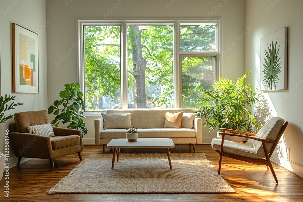 Fototapeta premium Minimalist, mid century modern interiors in the living room of a house with windows visible and sofa and cafe table. Generative AI 