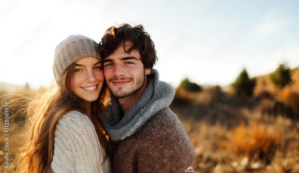 Portrait of a young smiling couple wearing winter clothes standing outdoors. Portrait of a young smiling couple wearing winter clothes standing outdoors.