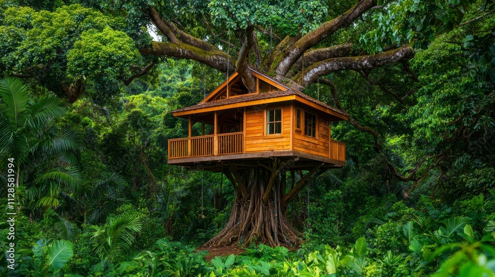 Enchanting Wooden Treehouse Nestled in a Lush Green Forest with Towering Trees and Vibrant Foliage Illuminated by Soft Natural Light Enchanting Wooden Treehouse Nestled in a Lush Green Forest with Towering Trees and Vibrant Foliage Illuminated by Soft Natural Light