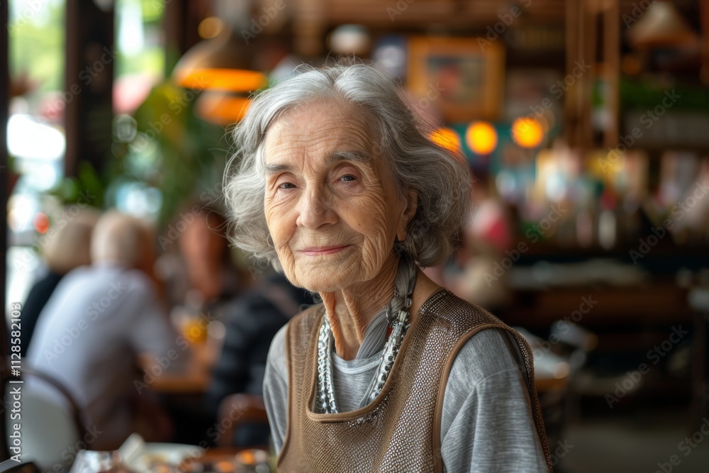 Portrait of a satisfied elderly woman in her 90s dressed in a breathable mesh vest in bustling restaurant background Portrait of a satisfied elderly woman in her 90s dressed in a breathable mesh vest in bustling restaurant background