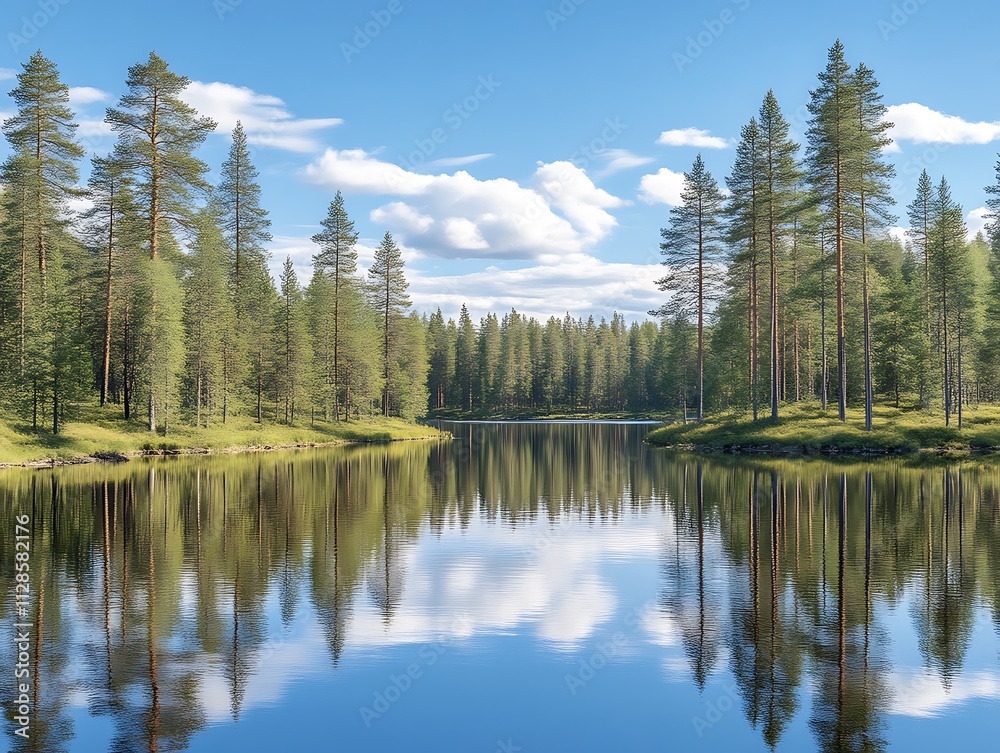Serene Pine Forest Lake Reflection Under Blue Sky Serene Pine Forest Lake Reflection Under Blue Sky