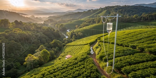 Aerial View of Lush Green Plants with IV Drip Therapy Concept for Natural Vitamin Nutrient Treatment in a Serene Environment Promoting Health and Wellness