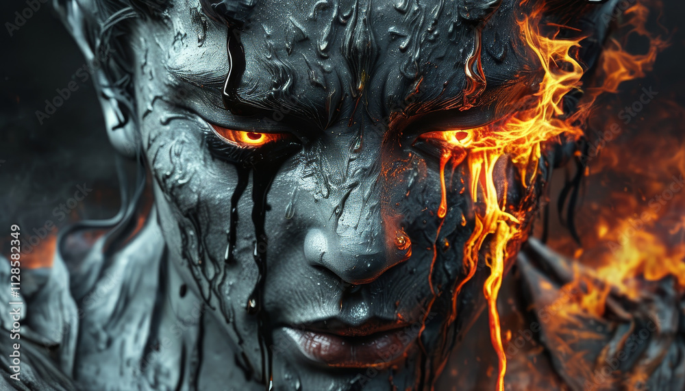 The Male Demon Face of Creation and Destruction, eye shedding black liquid burning tears that become hell, crying flames, sadness, anxiety, mental health awareness, depression The Male Demon Face of Creation and Destruction, eye shedding black liquid burning tears that become hell, crying flames, sadness, anxiety, mental health awareness, depression