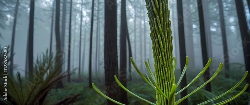 View of an enormous horsetail plant stem its segmented structure gleaming with moisture set against a background of towering primitive trees and dense fog