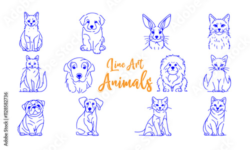 Minimalist Line Art of Adorable Cats, Dogs, and Other Animals in Blue Ink