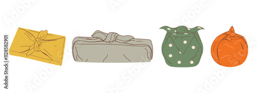 A set of packages of different shapes made of textiles. Eco-friendly packaging. The concept of "zero waste". A natural palette. The vector illustration is isolated.