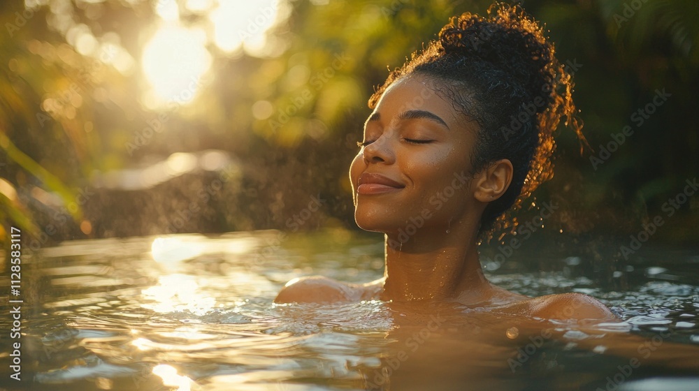 Fototapeta premium Engaged in a soothing spa session, a woman enjoys the serene water surrounded by vibrant greenery. The soft sunlight enhances her peaceful expression, creating a moment of pure relaxation