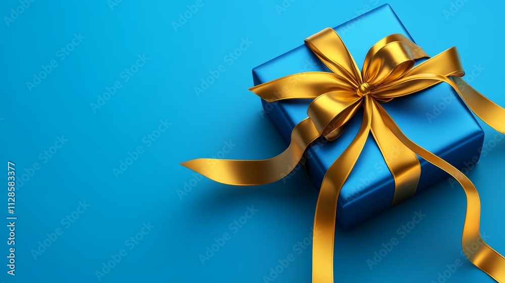 Blue box with gold ribbon on top of a blue background Blue box with gold ribbon on top of a blue background