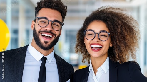 Man and a woman are smiling and wearing glasses