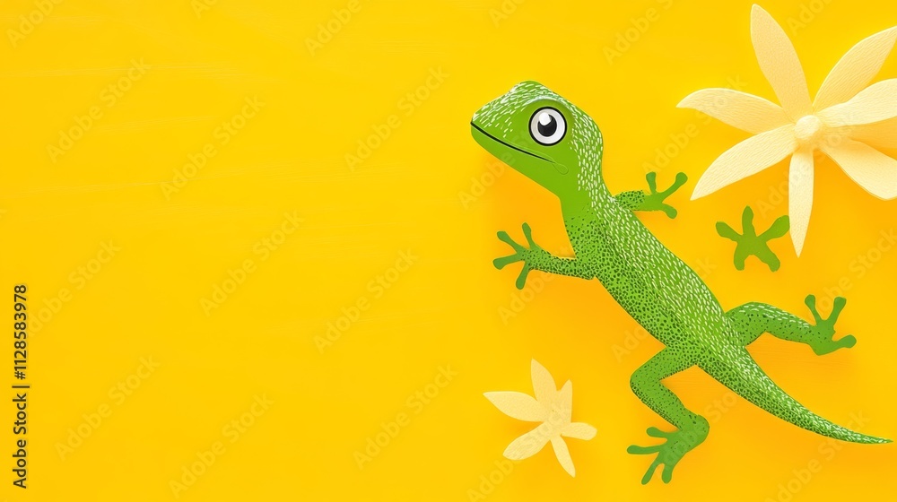 Fototapeta premium Green lizard is on a yellow background. The lizard is looking up at the camera. The background is yellow and has a flower on it