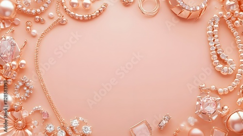 A pale peach background surrounded by jewelry items like bracelets necklaces and rings creating a radiant frame around the blank middle.