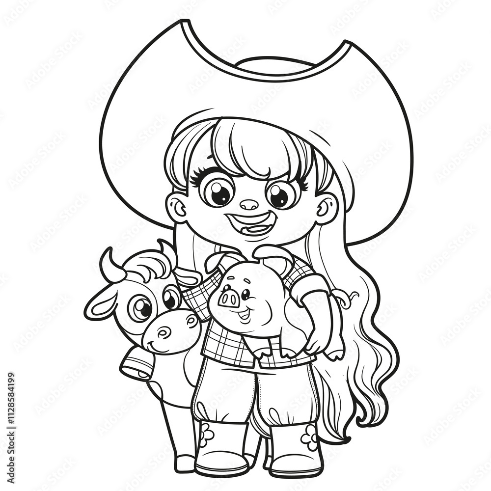 Cute cartoon long haired farmer girl with toy pig and cow outlined for coloring page on white background Cute cartoon long haired farmer girl with toy pig and cow outlined for coloring page on white background