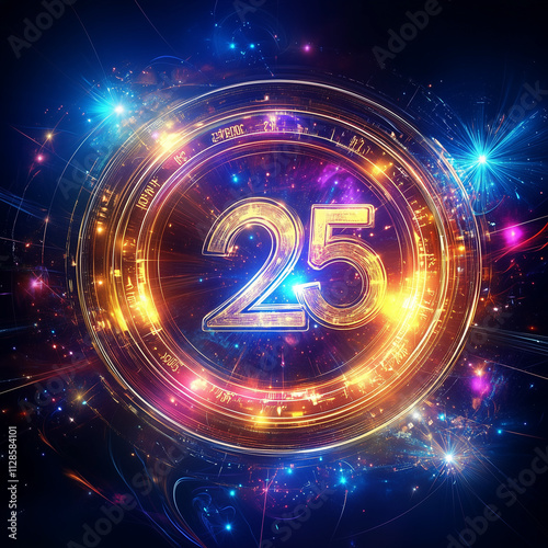 a vintage-style alarm clock with the year "2025" prominently displayed on its face, set against a backdrop of sparkling fireworks and festive confetti. The scene is illuminated by the warm glow of the