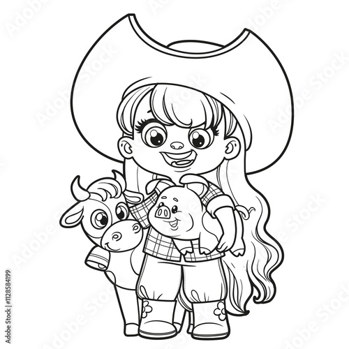 Cute cartoon long haired farmer girl with toy pig and cow outlined for coloring page on white background