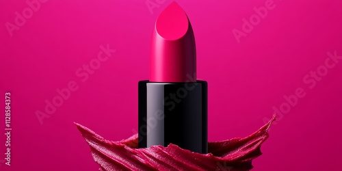 Lipstick is shown on a pink background. The lipstick is pink and has a black cap photo