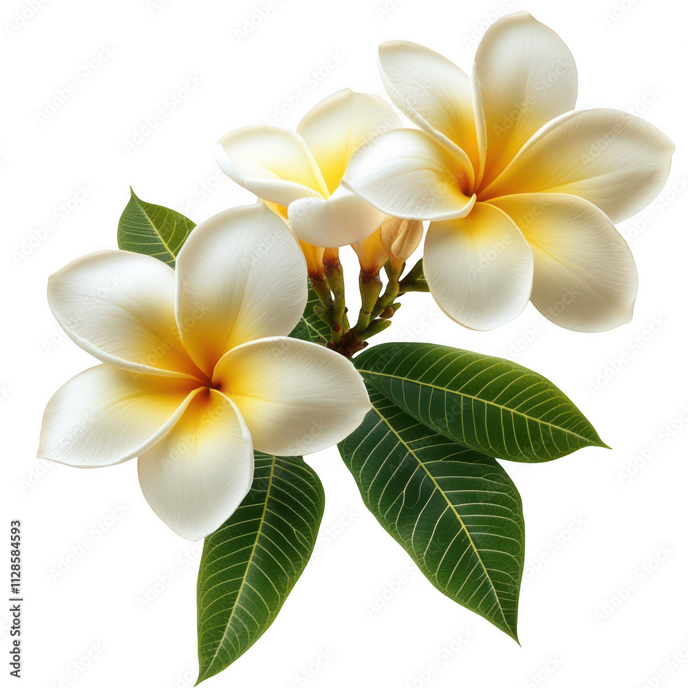 Fototapeta premium White and yellow plumeria flower with and green leaves on transparent background, PNG Cutout photo