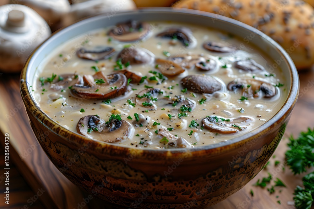 Creamy Mushroom Soup in Rustic Bowl with Fresh Herbs for Cozy Dining and Culinary Inspiration Creamy Mushroom Soup in Rustic Bowl with Fresh Herbs for Cozy Dining and Culinary Inspiration
