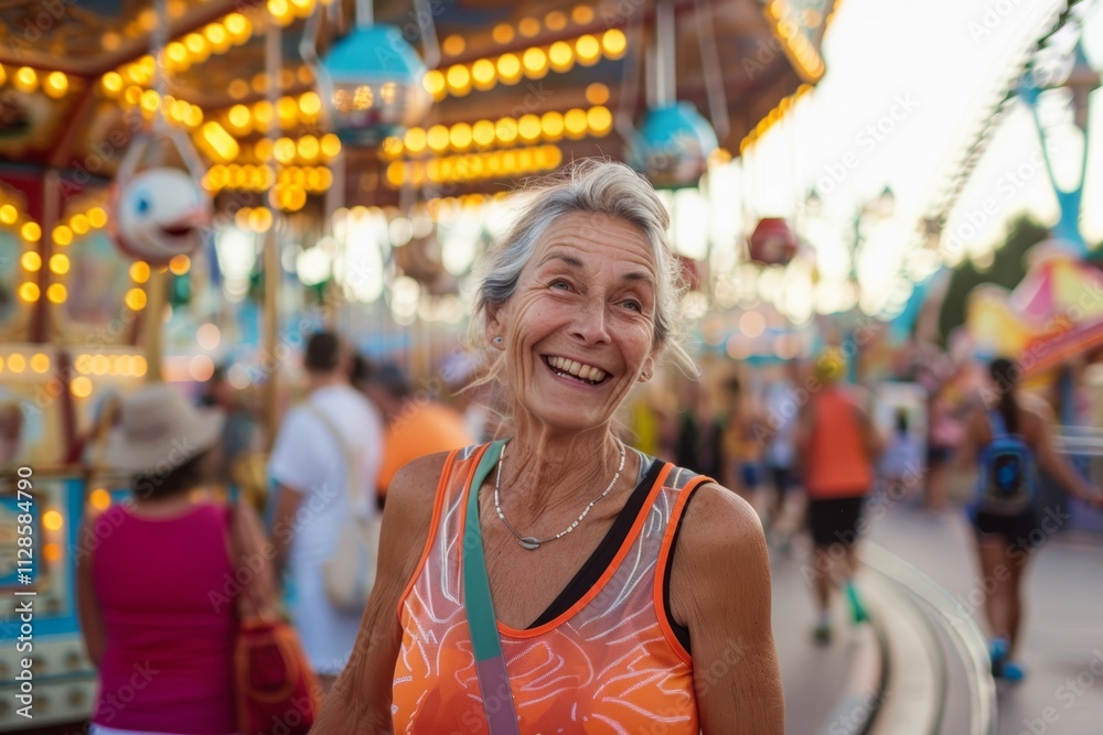 Portrait of a content caucasian woman in her 40s wearing a lightweight running vest in front of lively amusement park background Portrait of a content caucasian woman in her 40s wearing a lightweight running vest in front of lively amusement park background