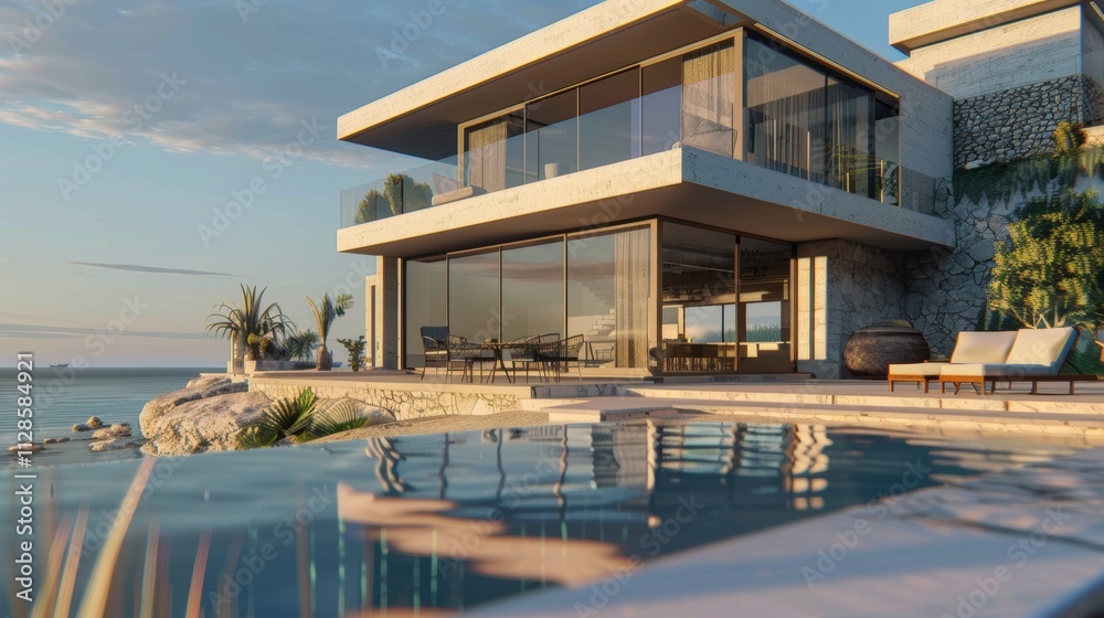 Fototapeta premium Seaside detached villa with pool and large terrace