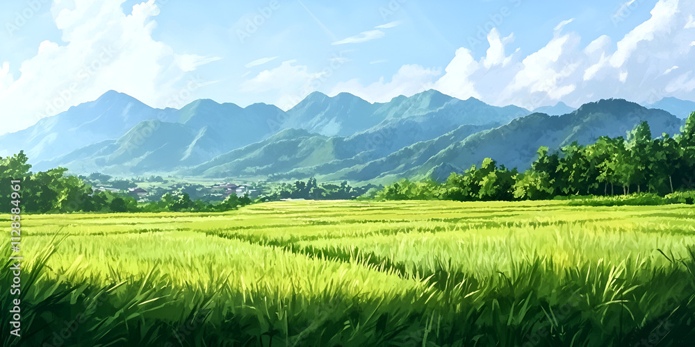 Fototapeta premium Lush Green Field with Trees, Mountains, and Clear Blue Sky