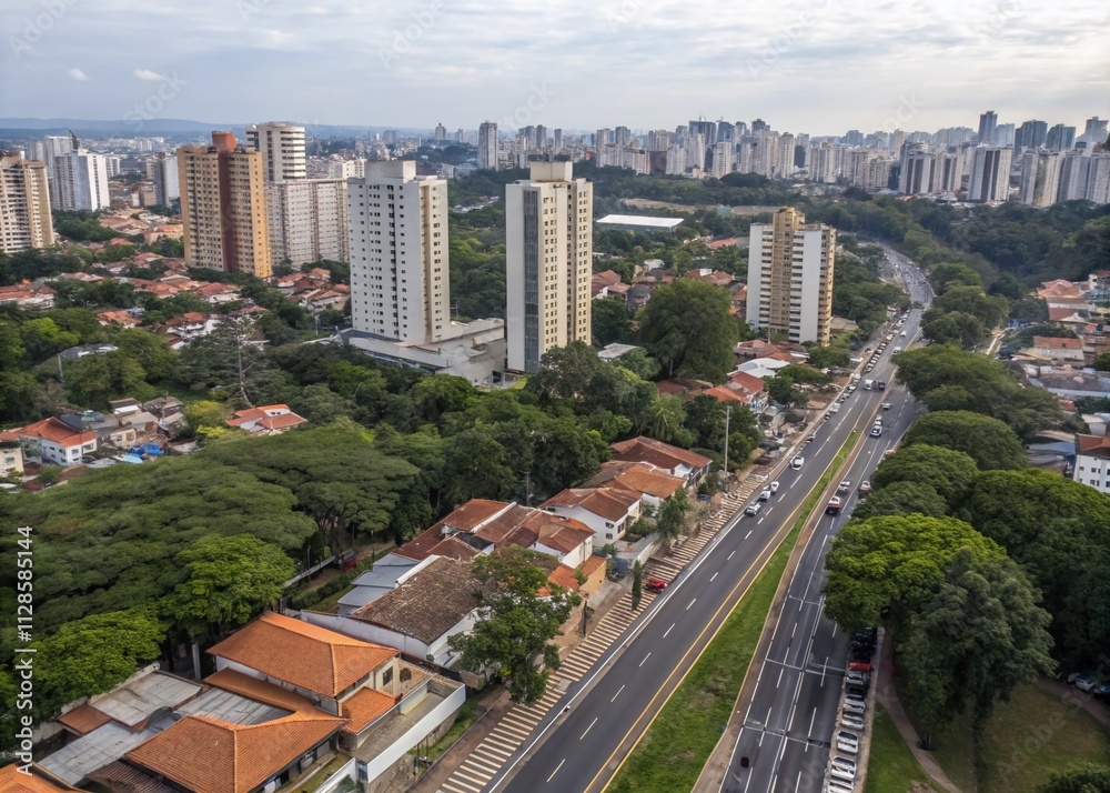 Naklejka premium Aerial View of Residential Buildings in the Saúde District of São Paulo, Capturing the Urban Landscape Along Jabaquara Avenue, Showcasing Modern Architecture and City Life