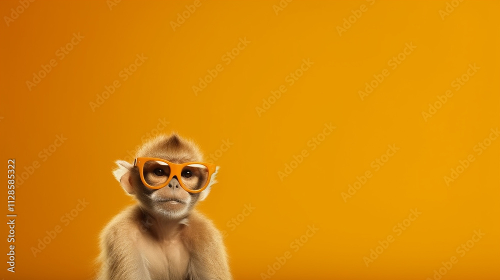 Fototapeta premium Barbary macaque with orange glasses, cropped in front of orange background, Generative AI