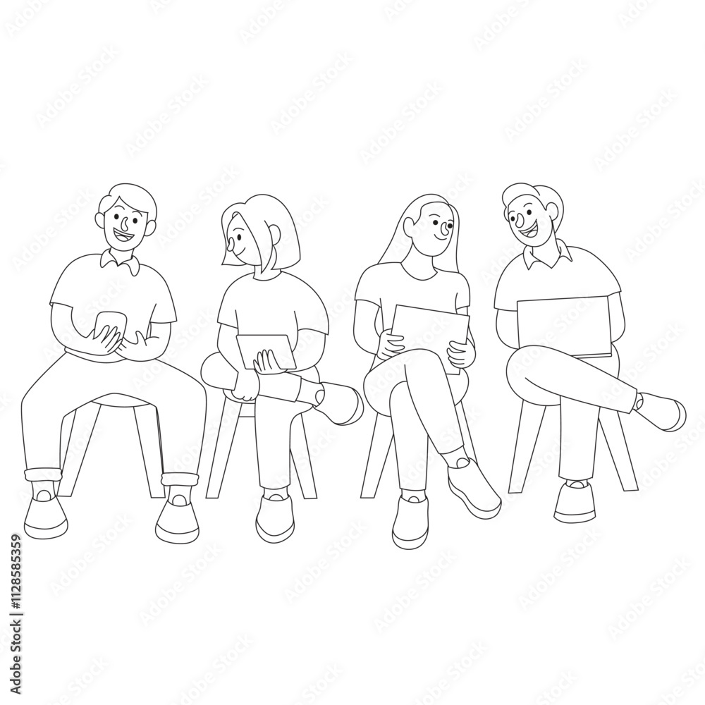 Vector line illustration of teamwork, showing diverse individuals collaborating effectively, symbolizing unity and productivity. Perfect for business, education, and motivational projects