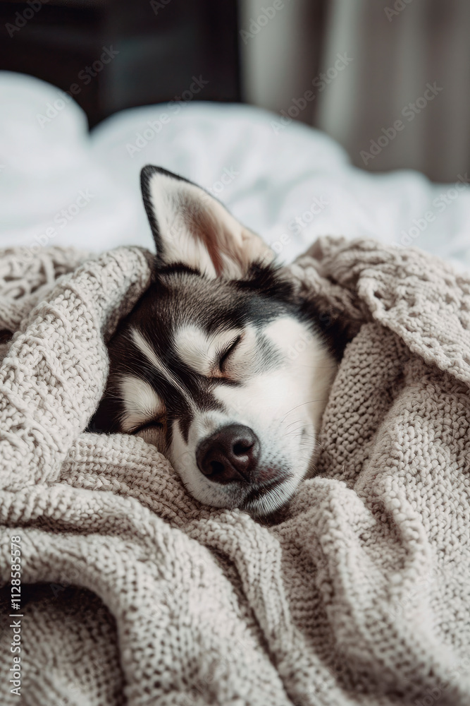 Fototapeta premium Laika dog on a blanket. Selective focus.