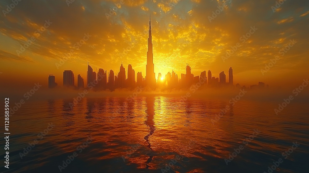 Fototapeta premium Dramatic sunset silhouette of a modern city skyline over calm water.