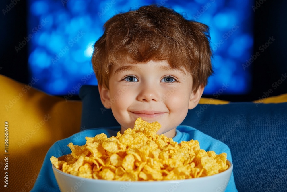 A child happily munching on crisps while watching a movie. Generative AI A child happily munching on crisps while watching a movie. Generative AI