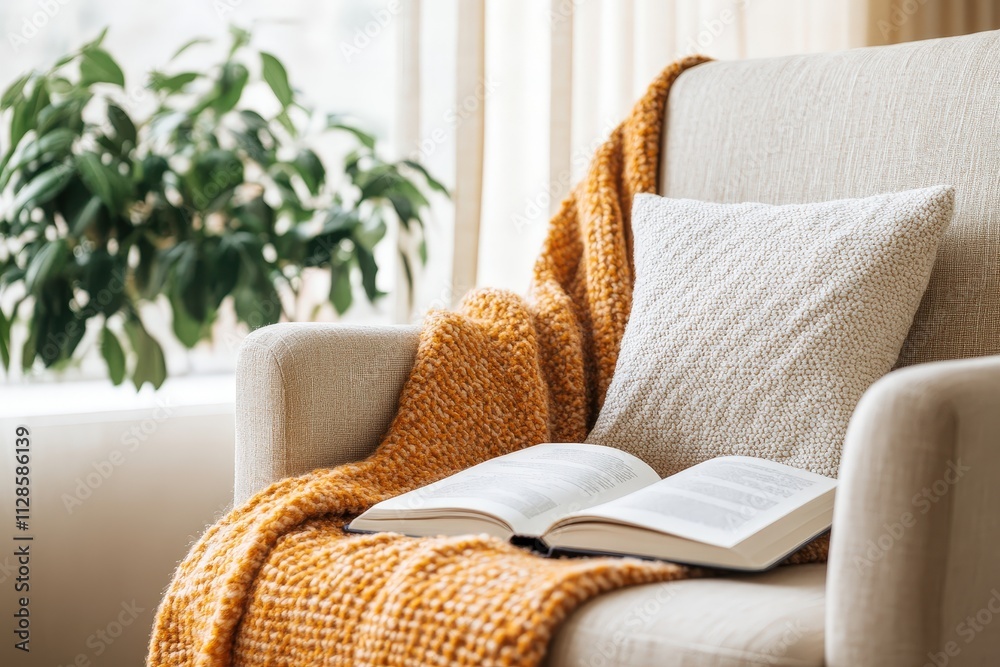 Cozy Corner Room Featuring Comfortable Armchair with Blanket, Pillow, Open Book, and Green Plant Cozy Corner Room Featuring Comfortable Armchair with Blanket, Pillow, Open Book, and Green Plant