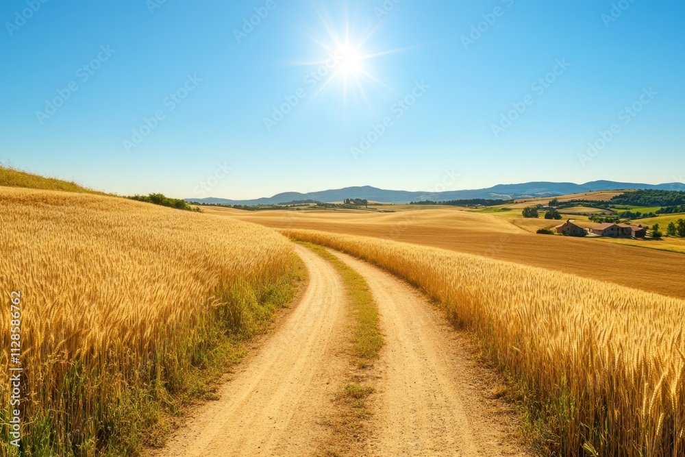 Scenic rural dirt pathway winding through golden wheat fields countryside landscape daytime bright sunlight inviting nature escape tranquil outdoor adventure concept Scenic rural dirt pathway winding through golden wheat fields countryside landscape daytime bright sunlight inviting nature escape tranquil outdoor adventure concept