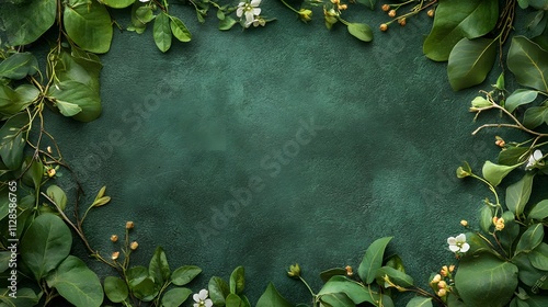 A rich green background with leaves twigs and flowers forming a wreath-like border around the empty middle.
