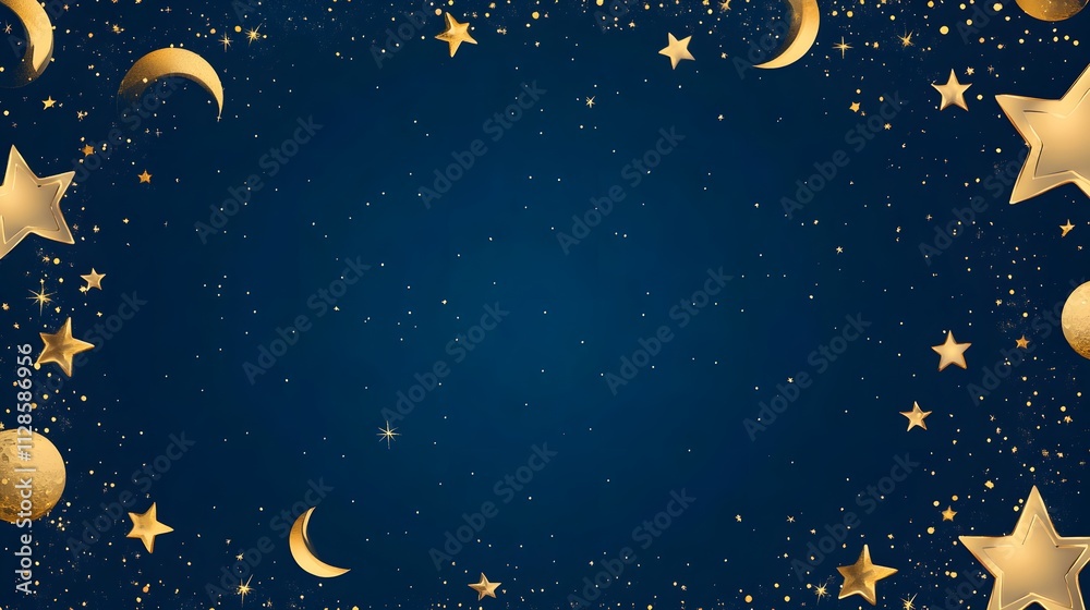 A rich navy blue background bordered with shiny golden stars moons and planets leaving the center empty. A rich navy blue background bordered with shiny golden stars moons and planets leaving the center empty.