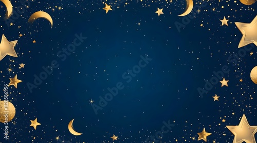 A rich navy blue background bordered with shiny golden stars moons and planets leaving the center empty.