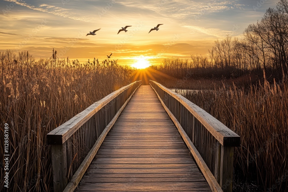 Fototapeta premium Sunset serenity a wooden boardwalk pathway over wetlands nature landscape photography tranquil environment wide-angle viewpoint for nature lovers