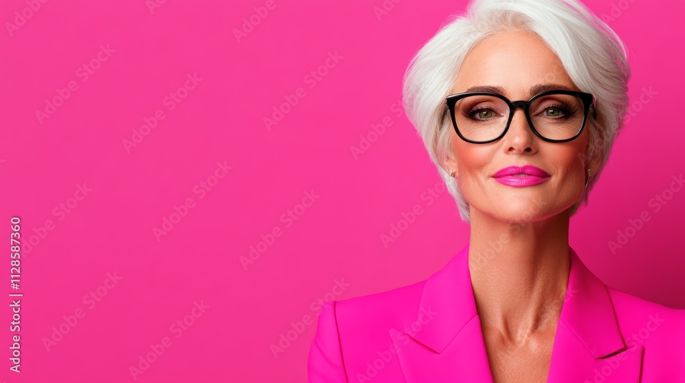 A woman in a pink suit and glasses is smiling. The pink background and the woman's outfit give the impression of a happy and confident woman A woman in a pink suit and glasses is smiling. The pink background and the woman's outfit give the impression of a happy and confident woman