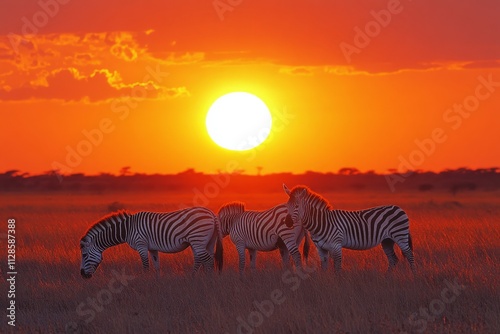 A herd of zebras grazing together in the plains under a vibrant sunset. Generative AI