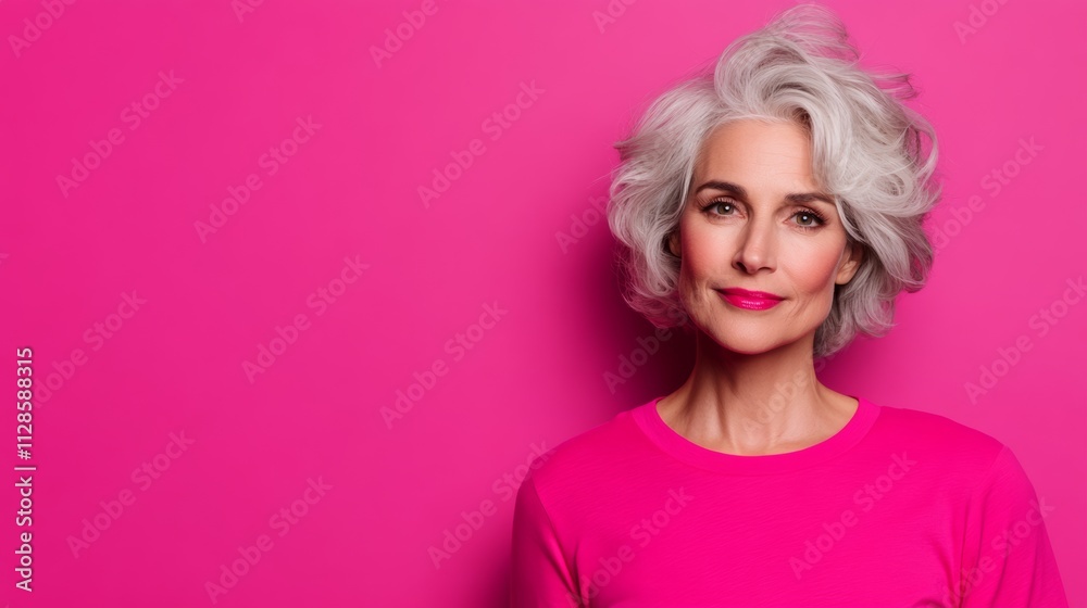 A woman with a pink shirt and gray hair is smiling. She is wearing lipstick and has a pink background